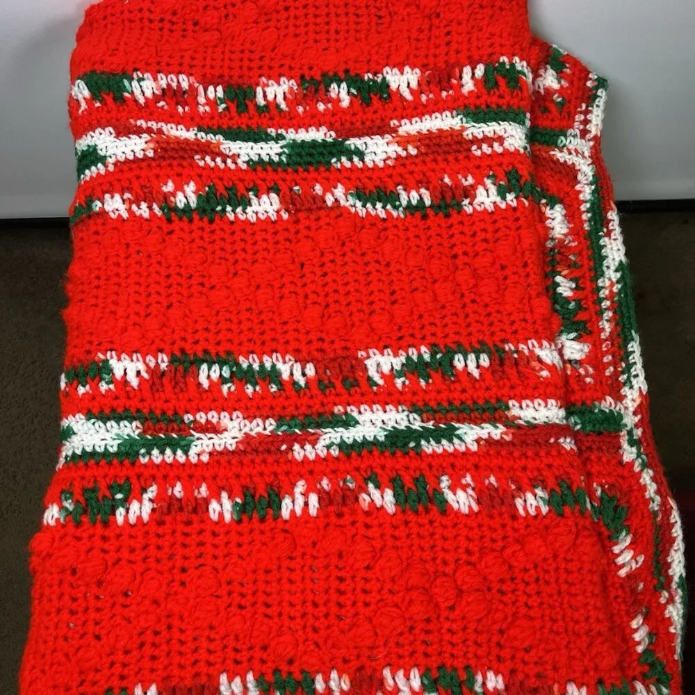 Vintage Christmas Crochet Granny Afghan Blanket Throw Candy Cane Stripe 66”x48”
